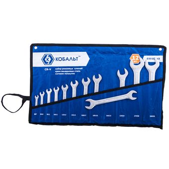 Набор ключей рожковых КОБАЛЬТ 6x7,8x10,9x11,10x12,12x13, 14x15,16x17,18x19,20x22, 22х24,27х30,30х32, 12 ШТ., чехол-скрутка (020202-12)