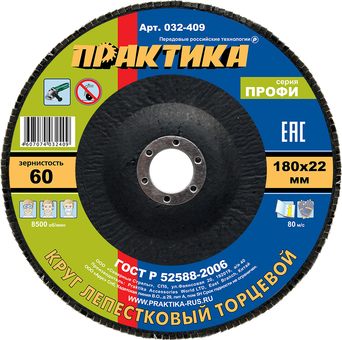 Круг лепестковый шлифовальный ПРАКТИКА 180 х 22 мм Р60 (1шт.) серия Профи (032-409)