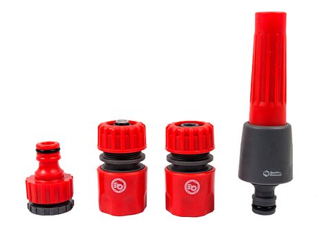 Набор поливочный QUATTRO ELEMENTI 4 предмета. Соединитель 1/2"-2шт, штуцер 1/2" и 3/4", на (646-188)