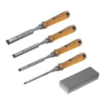 Набор стамесок КОБАЛЬТ плоских: 6, 12, 18, 24 х 140 мм, CR-V, деревянная рукоятка, точильный камень, 4 ШТ., кейс (245-893)