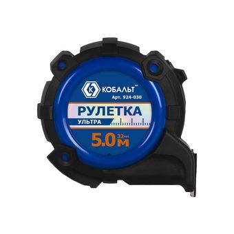 Рулетка КОБАЛЬТ УЛЬТРА 5м х 32мм, обрезиненный корпус, нейл. покр. ленты 0.13 мм, широкий магнит, усиленный стопор, блист. подвес (924-030)