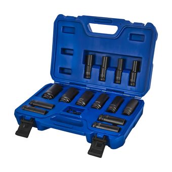 Набор головок торцевых ударных глубоких КОБАЛЬТ 1/2", 18 ПРЕДМЕТОВ: головки 14 шт. (10-32 мм), 2 кольца, 2 штифта, CR-MO, кейс (917-124)