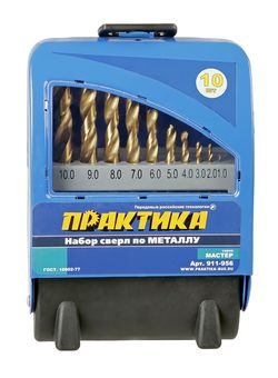 Набор сверл по металлу ПРАКТИКА "Мастер", 10 шт, 1 - 10 мм в металлической кассете (911-956)
