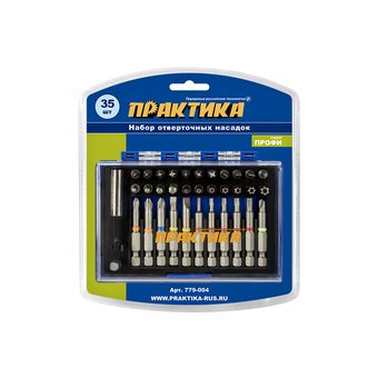 Набор бит ПРАКТИКА "Профи"  35шт, 25 и 50мм, PH, PZ, SL, Hex, Torx, Tri-Wing, держатель 60 (779-004)