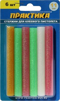Клей для клеевого пистолета ПРАКТИКА цветной, с блестками, 11 х 100 мм, 6шт, блистер (790-229)
