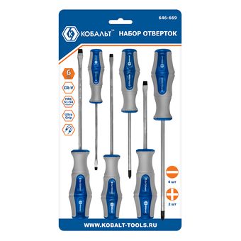 Набор отверток КОБАЛЬТ Ultra Grip, 6 ШТ: РН1, РН2, SL4, SL5, SL6, SL7, CR-V, блистер (646-669)