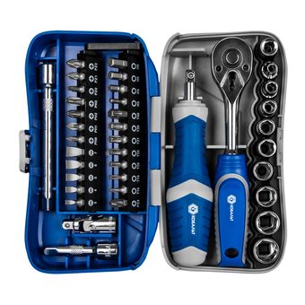 Набор  бит и головок с трещоткой КОБАЛЬТ 39 пр.,CR-V (24 биты, 9 головок, трещотка, отв.рук., 2 удл., шарнир, держ.бит),кейс+блист.(915-083)