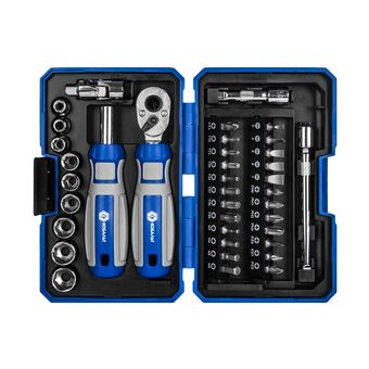 Набор  бит и головок с трещоткой КОБАЛЬТ 38 пр.,CR-V (24 биты, 9 головок, трещотка, отв. рук., 2 удл., шарнир),кейс+блист.(915-069)