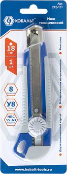 Нож технический КОБАЛЬТ лезвие 18 мм, двухкомпонентный корпус, металлическая направляющая, фиксатор, блистер (242-151)
