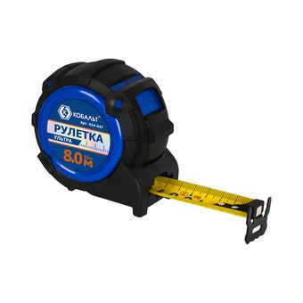 Рулетка КОБАЛЬТ УЛЬТРА 8м х 32мм, обрезиненный корпус, нейл. покр. ленты 0.13 мм, широкий магнит, усиленный стопор, блист. подвес (924-047)