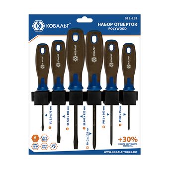 Набор отверток КОБАЛЬТ POLYWOOD, 6 ШТ: РН0, РН1, РН2, SL3, SL5, SL6, CR-V, древ.-полимер. рукоятки, пласт. держатель, подвес (912-182)
