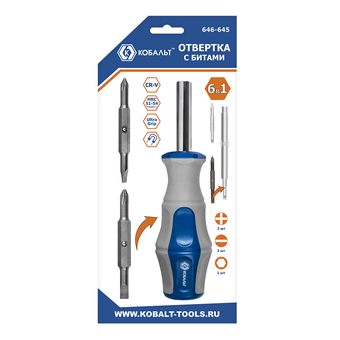 Отвертка рукоятка КОБАЛЬТ Ultra Grip 6 в 1, с набором двусторонних бит, CR-V , подвес (646-645)