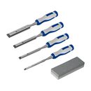 Набор стамесок КОБАЛЬТ плоских: 6, 12, 18, 24 х 140 мм, CR-V, двухкомпонентная рукоятка, точильный камень, 4 ШТ., кейс (245-695)