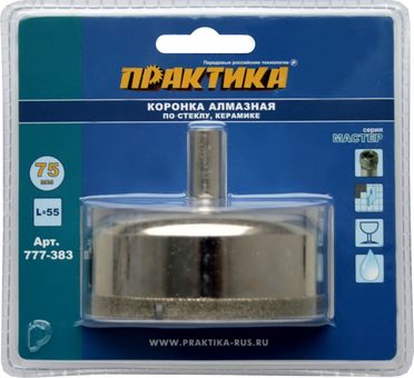 Коронка алмазная по стеклу и керамике ПРАКТИКА "Мастер" 75 мм, (1шт) блистер (777-383)