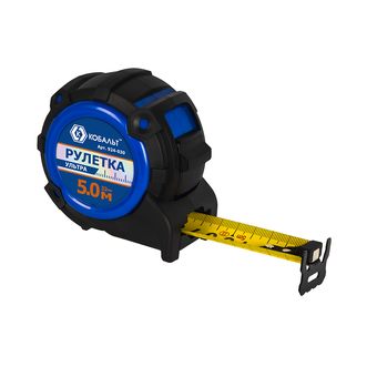 Рулетка КОБАЛЬТ УЛЬТРА 5м х 32мм, обрезиненный корпус, нейл. покр. ленты 0.13 мм, широкий магнит, усиленный стопор, блист. подвес (924-030)