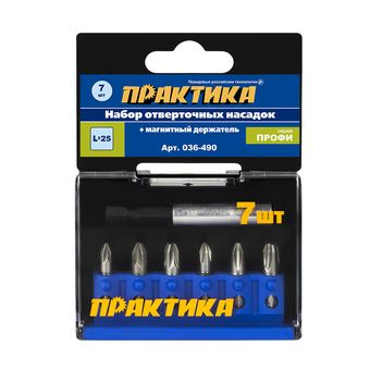 Набор бит ПРАКТИКА "Профи"  7шт PH1,2,3; PZ1,2,3 x 25мм, магнитный держатель, кассета (036-490)