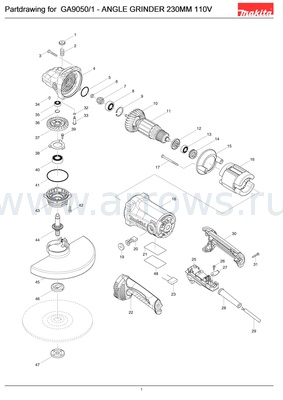 Деталировка Кольцо стопорное MAKITA GA9050 (233925-5)