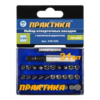 Набор бит ПРАКТИКА "Профи" 31шт PH 4шт PZ 4шт Torx 8шт SL 7шт HEX 7шт x 25мм магнитный держатель, кассета (036-520)