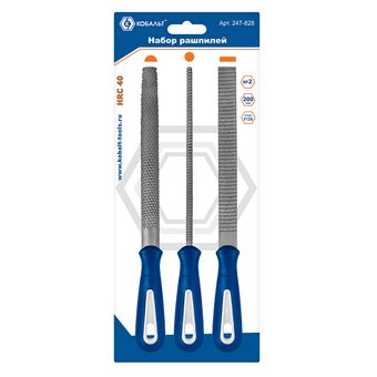 Набор рашпилей КОБАЛЬТ насечка №2, длина рабочая/общая 180/310, 2-х компонентные рукоятки, 3 ШТУКИ, блистер (247-828)