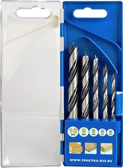 Набор сверл по дереву ПРАКТИКА "Профи", 5 шт, 4, 5, 6, 8, 10 мм, ПРО кассета (640-353)