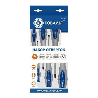 Набор отверток КОБАЛЬТ Ultra Grip, 6ШТ: РН0, РН2, PZ1, SL3, SL6, SL8, CR-V, коробка (646-652)