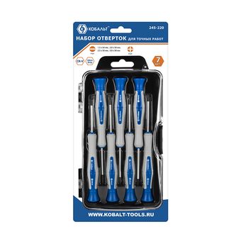 Набор отверток КОБАЛЬТ для точных работ Ultra Grip 50 мм, 7 ШТ: SL1.5, SL2.0, SL2.5, SL3.0, PH00, PH0, PH1, CR-V, кейс, блистер (245-220)