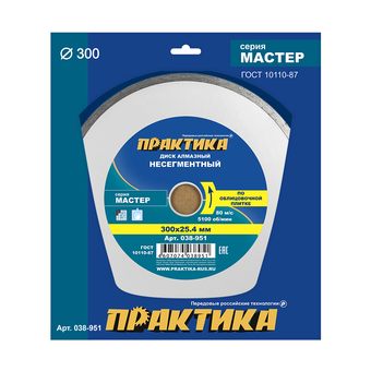 Диск алмазный несегментный ПРАКТИКА "Мастер" 300 х 25,4 мм (038-951)