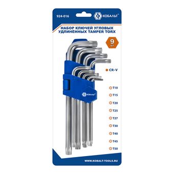 Набор ключей угловых удлинённых КОБАЛЬТ Tamper TORX: T10, T15, T20, T25, T27, T30, T40, Т45, Т50, CR-V, подвес (924-016)