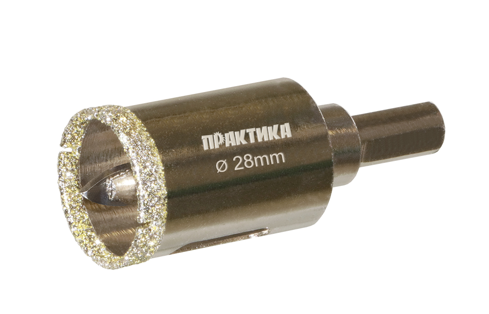 Коронка алмазная ПРАКТИКА "Профи" по керамограниту/керамике 28х70мм, пилотное сверло (1шт) блистер (917-606)