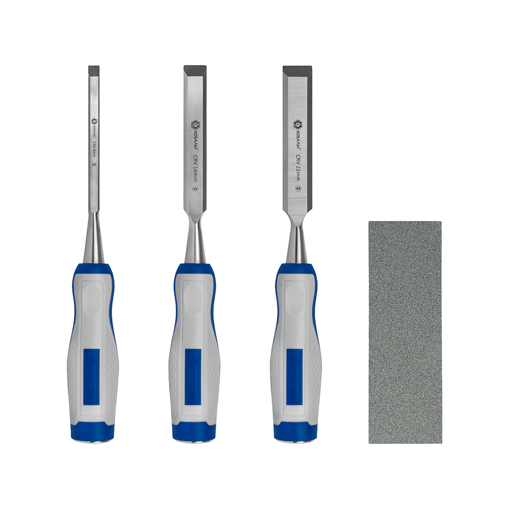 Набор стамесок КОБАЛЬТ плоских: 8, 16, 22 х 140 мм, CR-V, двухкомпонентная рукоятка, точильный камень, 3 ШТ., кейс (245-688)