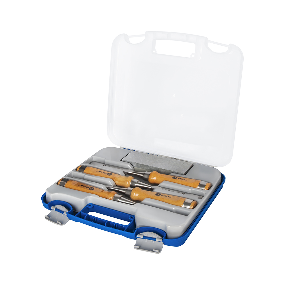 Набор стамесок КОБАЛЬТ плоских: 6, 12, 18, 24 х 140 мм, CR-V, деревянная рукоятка, точильный камень, 4 ШТ., кейс (245-893)