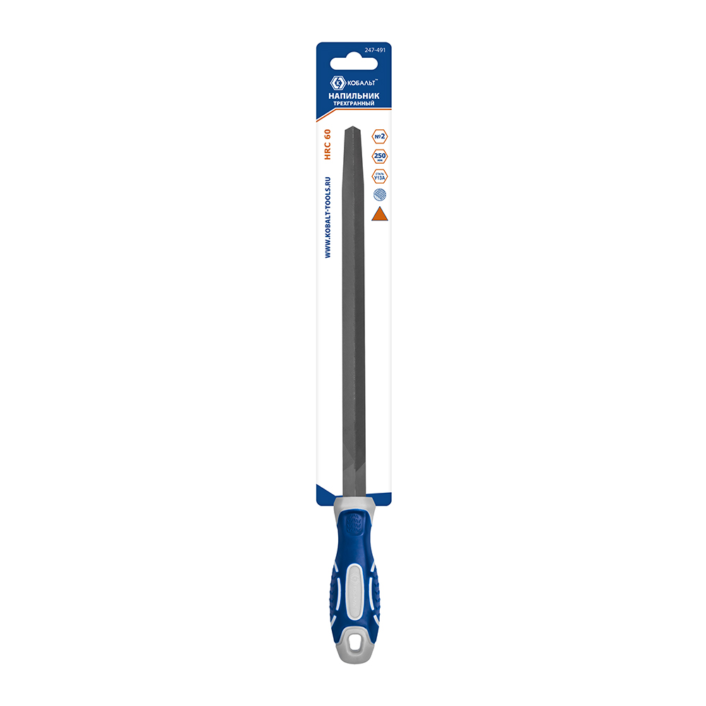 Напильник трехгранный КОБАЛЬТ насечка №2, длина рабочая/общая 225/360 мм, сечение 15.2х15.2 мм, 2-х компонентная рукоятка, блистер (247-491)