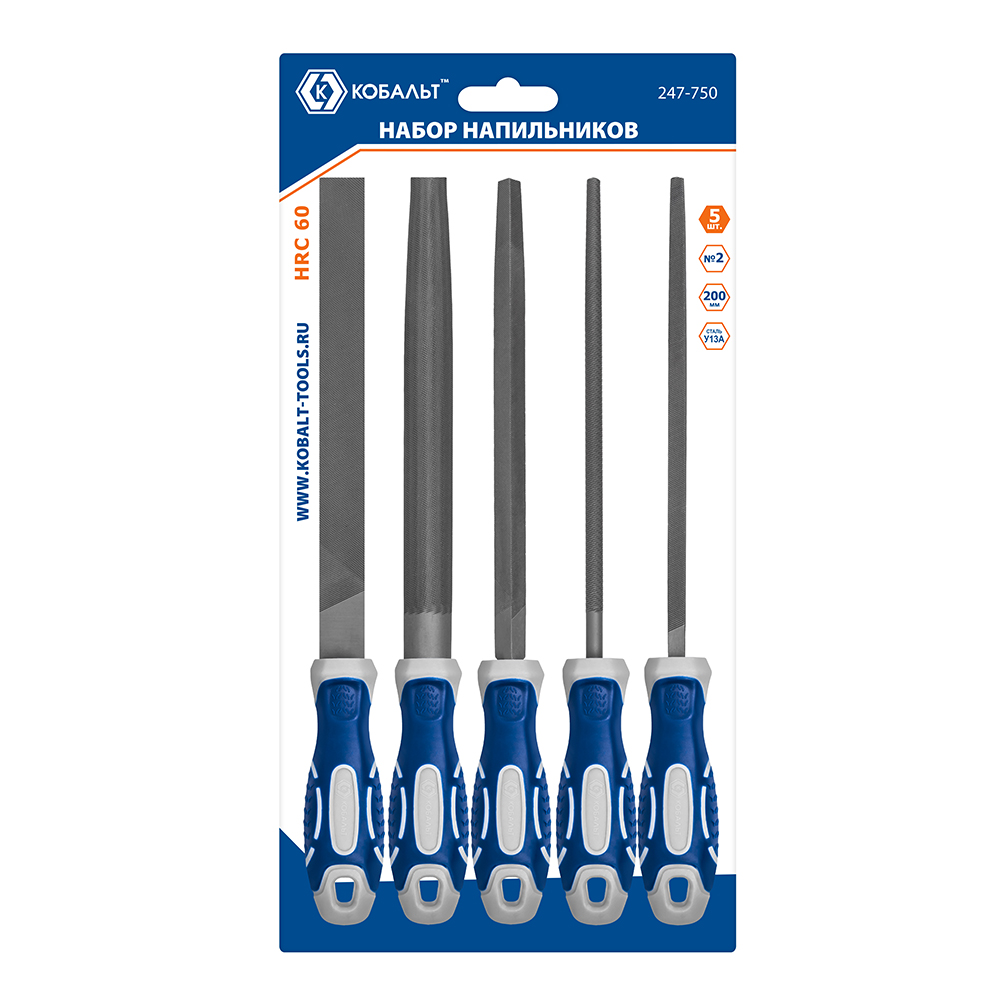 Набор напильников КОБАЛЬТ насечка №2, длина рабочая/общая 180/310, 2-х компонентные рукоятки, 5 ШТУК, блистер (247-750)