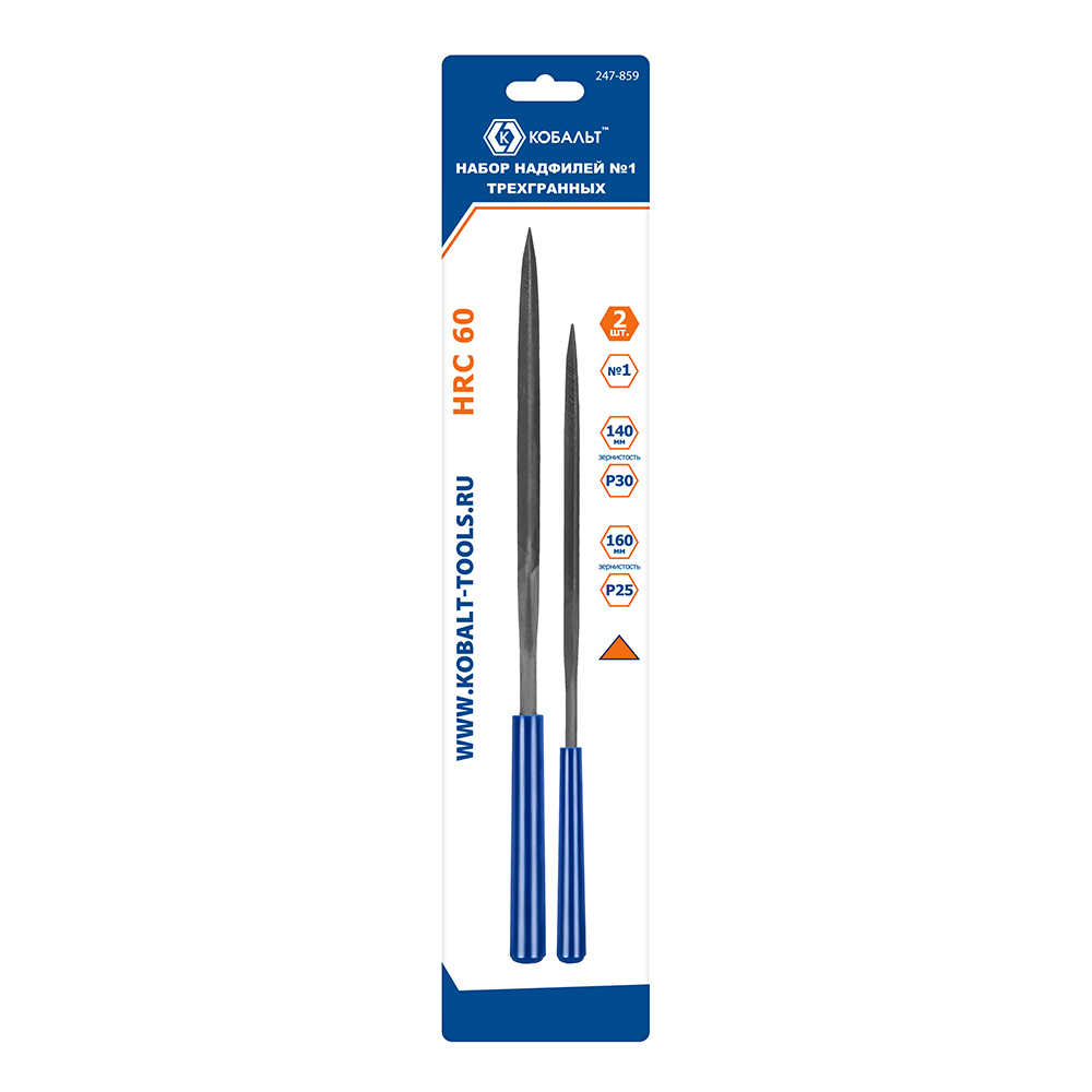 Набор надфилей КОБАЛЬТ трехгранных, насечка №1, длина общая/рабочая 140х65 мм (зерн.Р30) / 160х75 мм (зерн.Р25), 2 ШТУКИ, блистер (247-859)