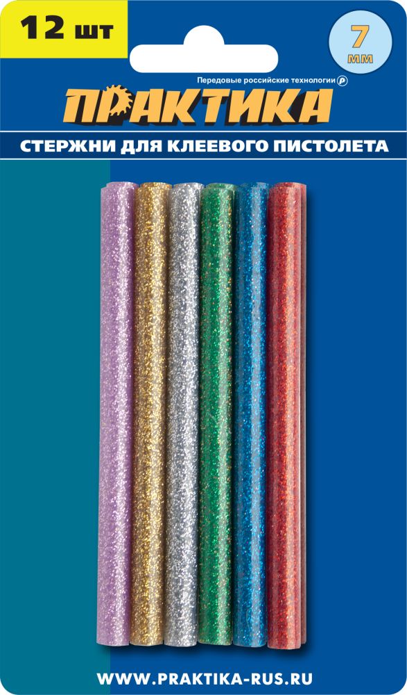 Клей для клеевого пистолета ПРАКТИКА цветные, 6 цветов, металлик, 7 х 100 мм, 12шт, блистер (649-349)
