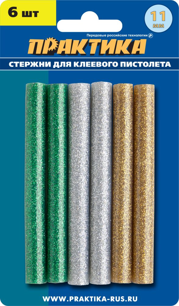 Клей для клеевого пистолета ПРАКТИКА цветные, 3 цвета, металлик, 11 х 100 мм, 6шт, блистер (649-356)