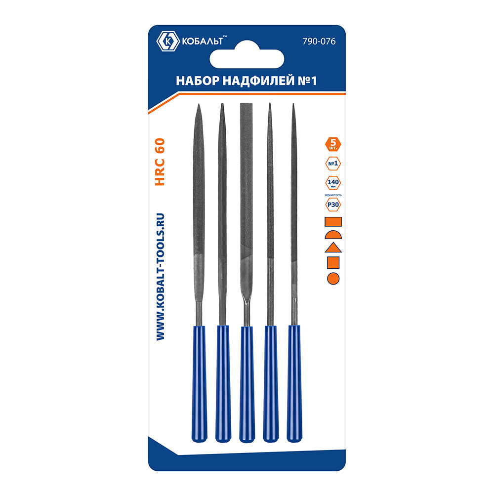Набор надфилей КОБАЛЬТ насечка №1, длина рабочая/общая 140х65 мм, обрезиненные рукоятки, зернистость Р30, 5 ШТУК, блистер (790-076)
