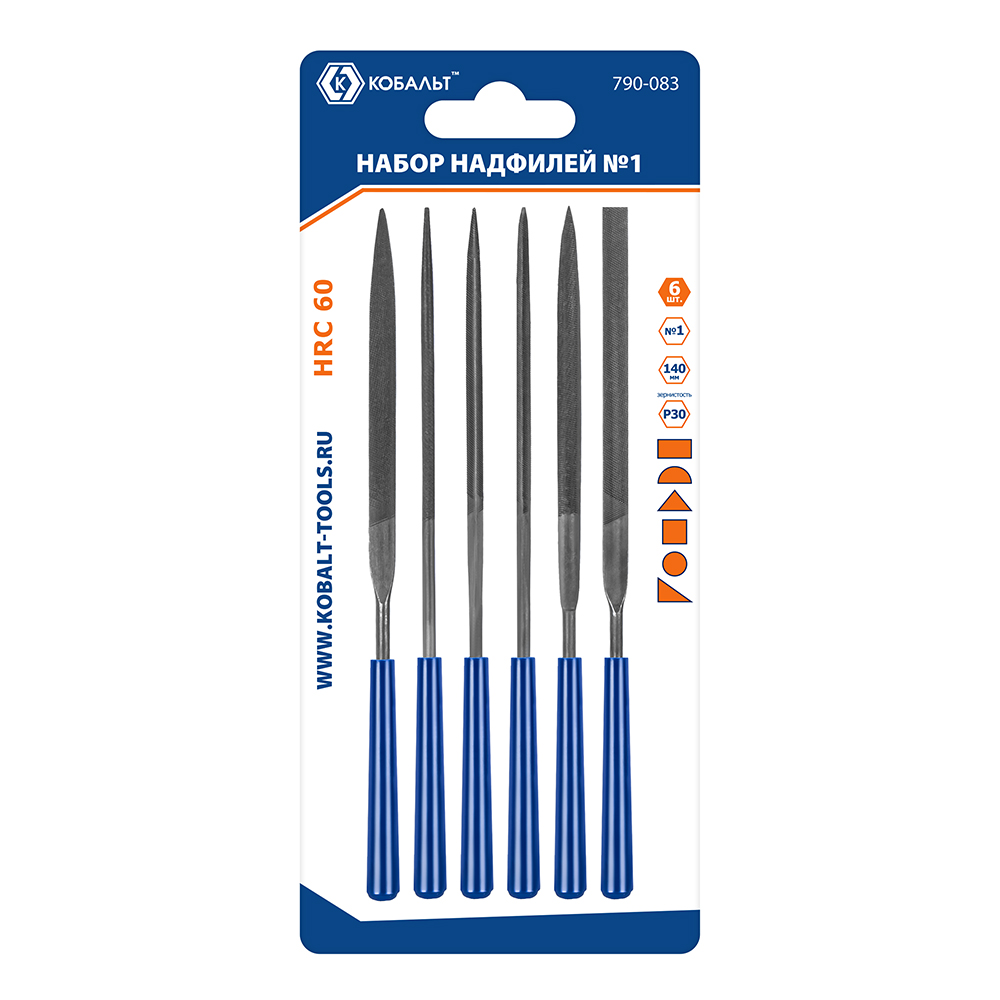 Набор надфилей КОБАЛЬТ насечка №1, длина рабочая/общая 140х65 мм, обрезиненные рукоятки, зернистость Р30, 6 ШТУК, блистер (790-083)