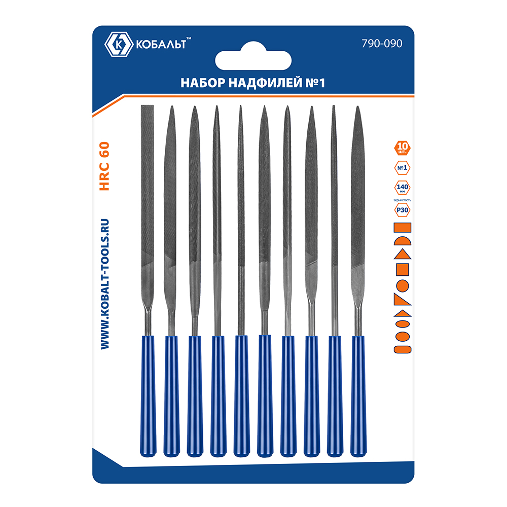 Набор надфилей КОБАЛЬТ насечка №1, длина рабочая/общая 140х65 мм, обрезиненные рукоятки, зернистость Р30, 10 ШТУК, блистер (790-090)