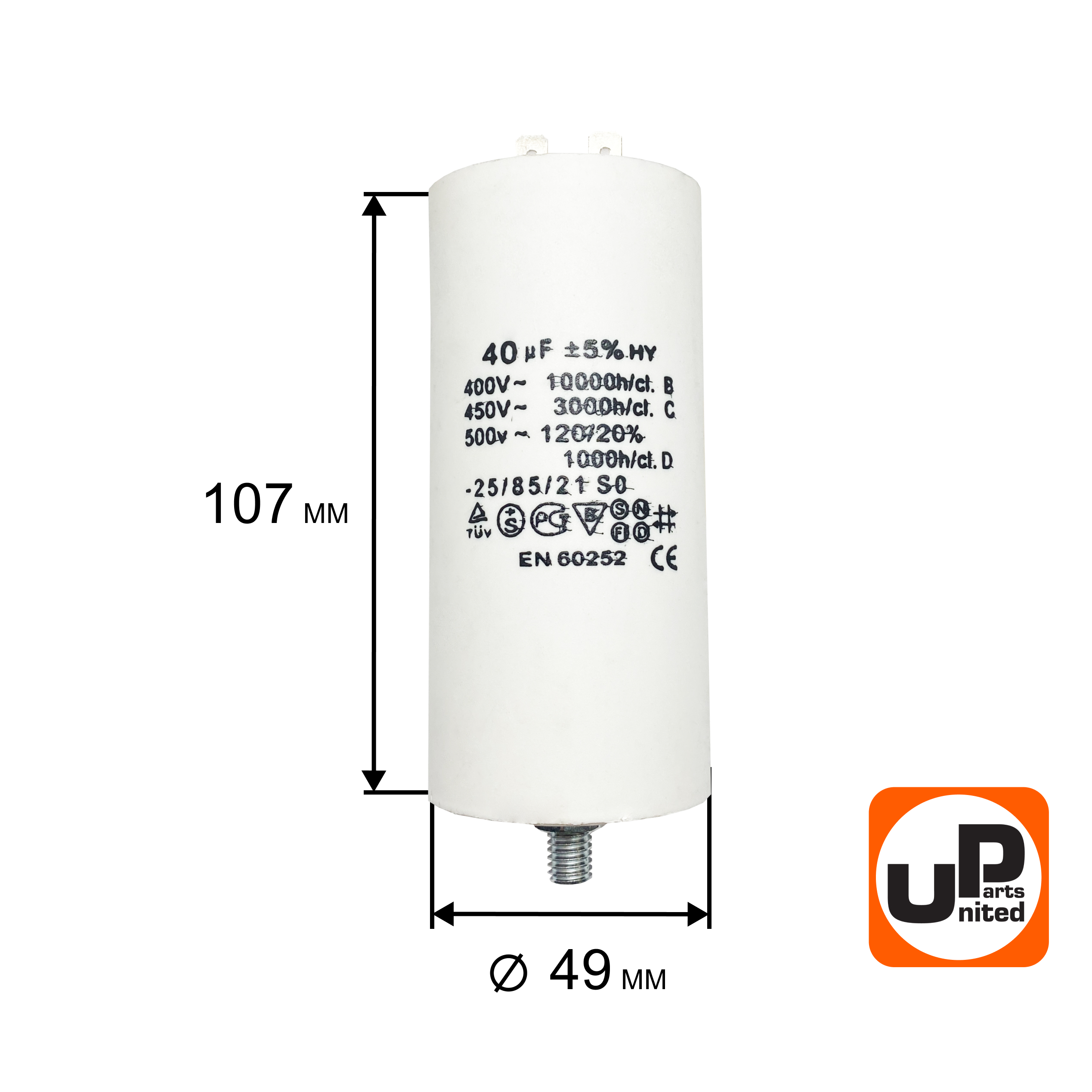 Конденсатор UNITED PARTS CBB60, 40 мкФ, 450В, 2 клеммы, шпилька M8 (90-0995)