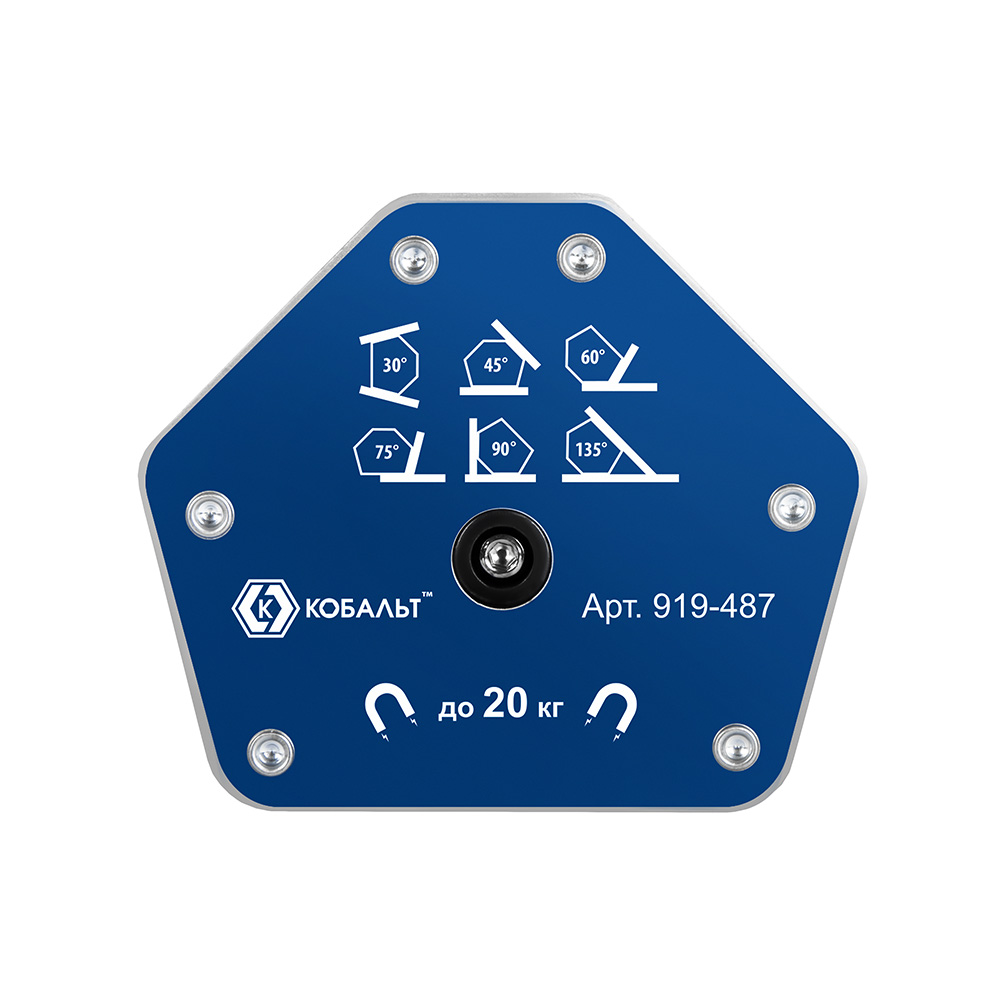 Угольник магнитный КОБАЛЬТ 96 * 80 мм, ОТКЛЮЧАЕМЫЙ МАГНИТ, на 6 углов: 30, 45, 60, 75, 90, 135 град., магнит до 20 кг, блистер (919-487)