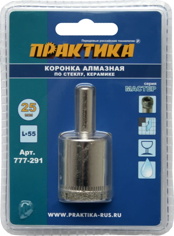 Коронка алмазная по стеклу и керамике ПРАКТИКА "Мастер"  25 мм, (1шт) блистер (777-291)