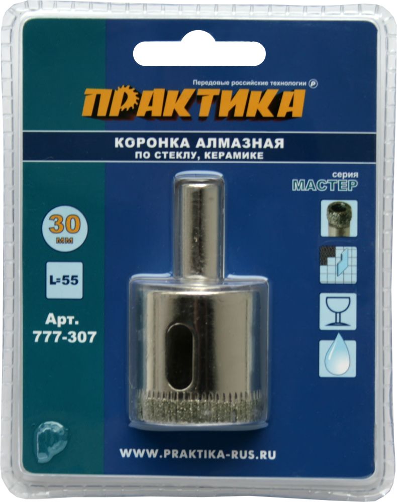 Коронка алмазная по стеклу и керамике ПРАКТИКА "Мастер"  30 мм, (1шт) блистер (777-307)