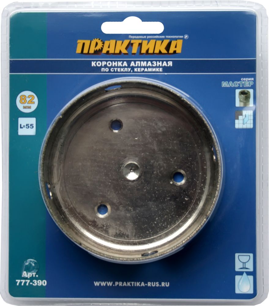 Коронка алмазная по стеклу и керамике ПРАКТИКА "Мастер" 82 мм, (1шт) блистер (777-390)